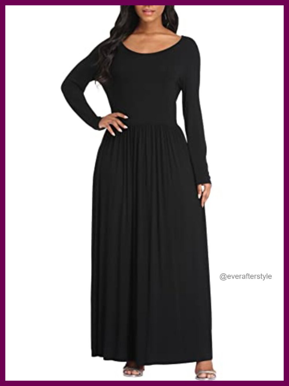 Women's Long Sleeve Maxi Dress with Pockets - Casual A-Line Scoop Neck - Picture 2 of 6